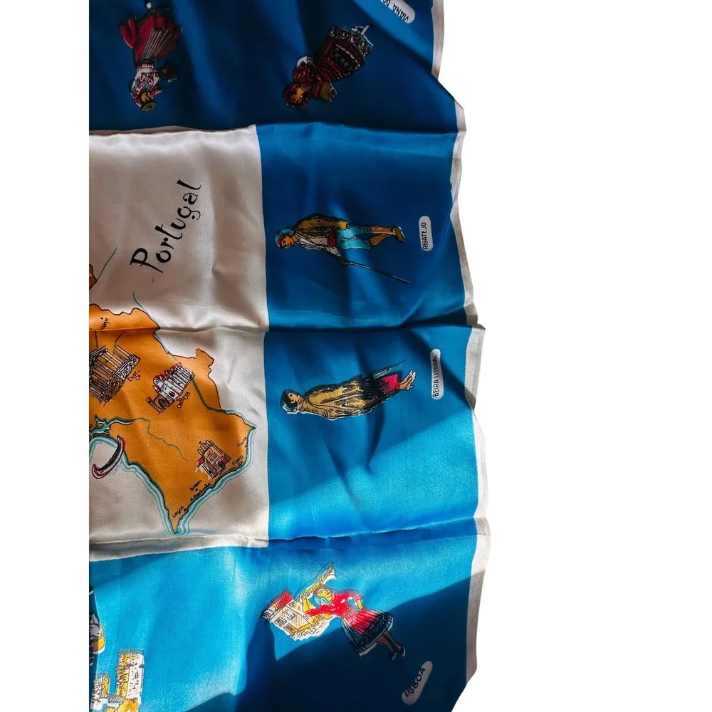 Blue & Cream Printed Silk Scarf with Cultural Motif
